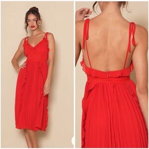 Lulu’s | New Never a Dull Moment Bright Red Tie-Strap Pleated Midi Dress S